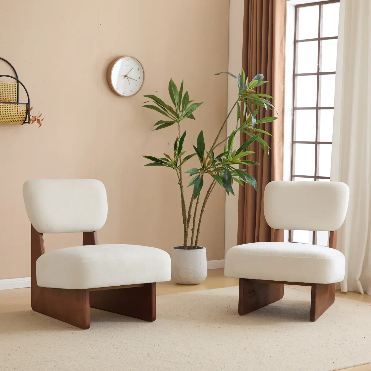 [Bellemave]  2pc Modern Beige Lounge Chair with Polyester Upholstery, Sturdy Wood Base With Walnut Finish, Minimalist and Stylish Accent Seating for Living Room, Bedroom, or Office
