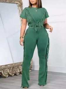 Women's Solid Color Fringe High Waist Slimming Two-Piece Set, Short Sleeve Round Neck Top and Side Fringe Wide Leg Pants, Casual Summer Western Cowgirl Concert Festival Vacation Clothes