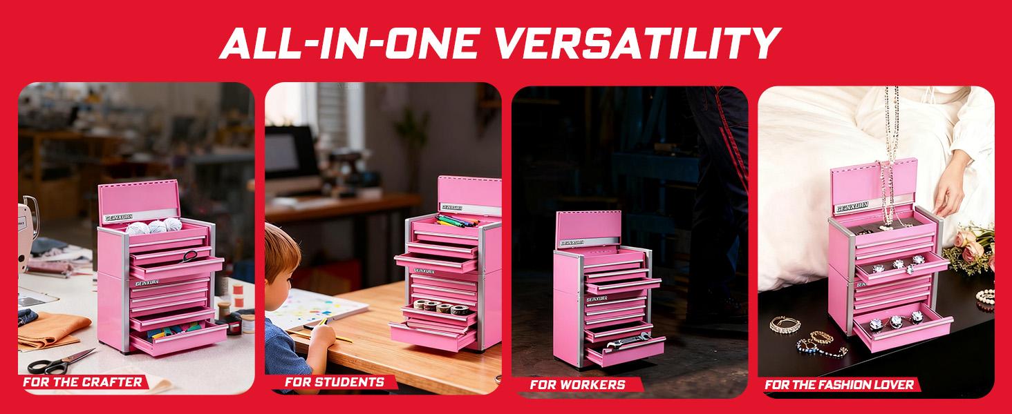 Mini Tool Box 3 Drawer Top Chest and 5 Drawer Roll Cab with Locking Stackable Hand Carry Tool for (Pink) Mini Tool Box 3 Drawer Top Chest and 5 Drawer Roll Cab with Locking Stackable Hand Carry Tool for (Pink)