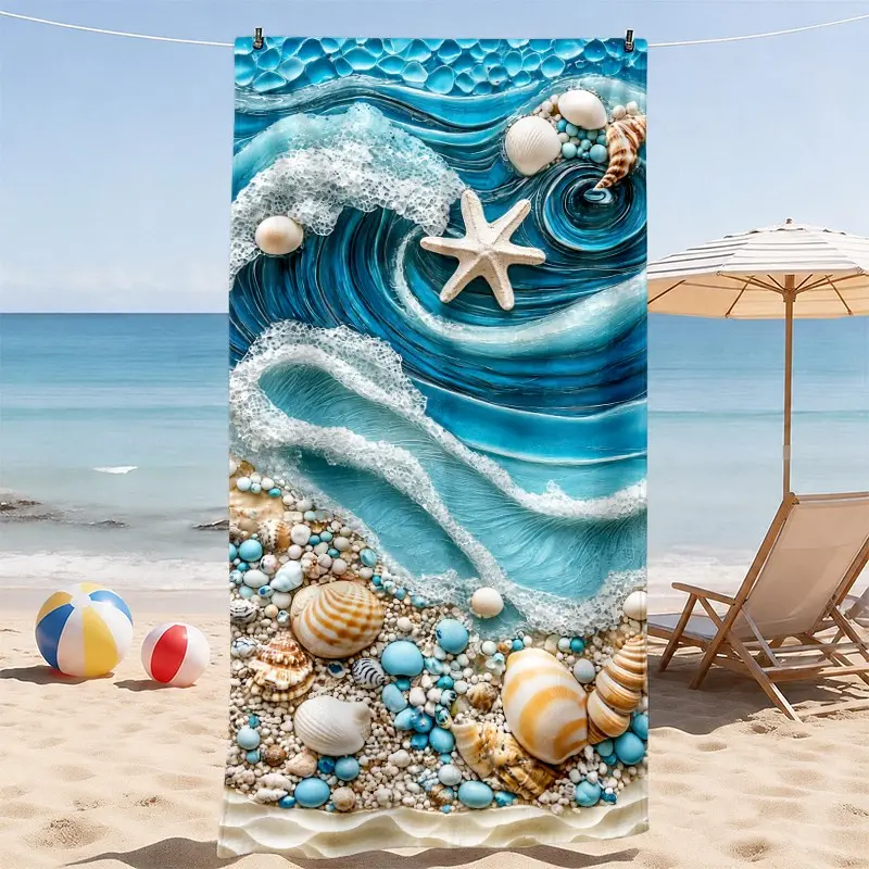 1pc Ocean Wave Beach Towel, Coastal Shell Starfish Marine Pattern Soft Absorbent Lightweight Quick Dry Towel, Quick Drying Towels, for Beach, Pool, Travel, Camping and Outdoor Use, Summer Holiday Gift for Women, Family and Couples