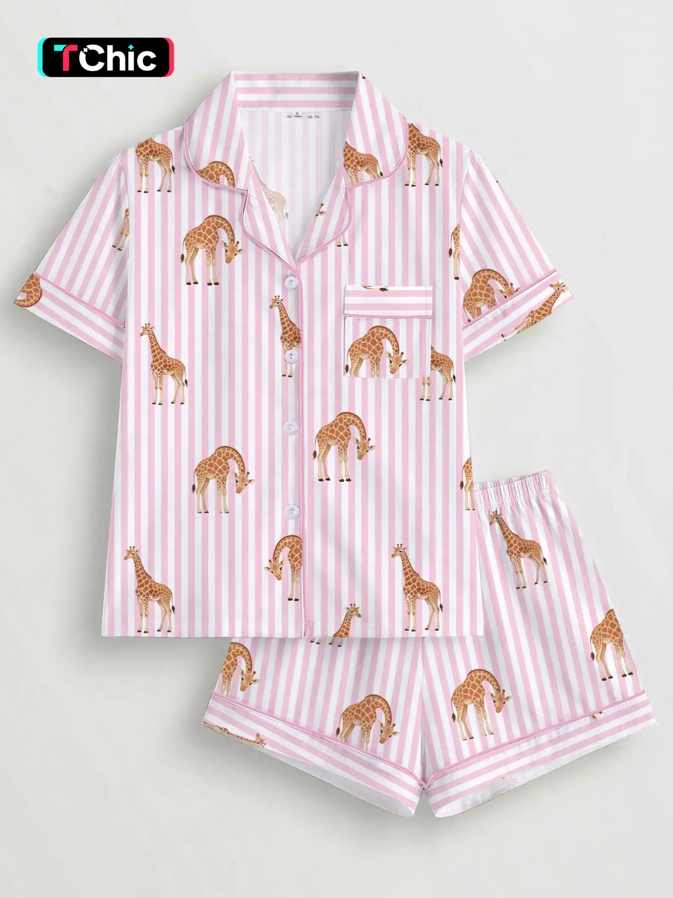 Women's Giraffe Print Pajama Set, Button Front Short Sleeve Top, Elastic Waist Shorts, Lightweight Breathable Summer Sleepwear, Loungewear Sleepwear