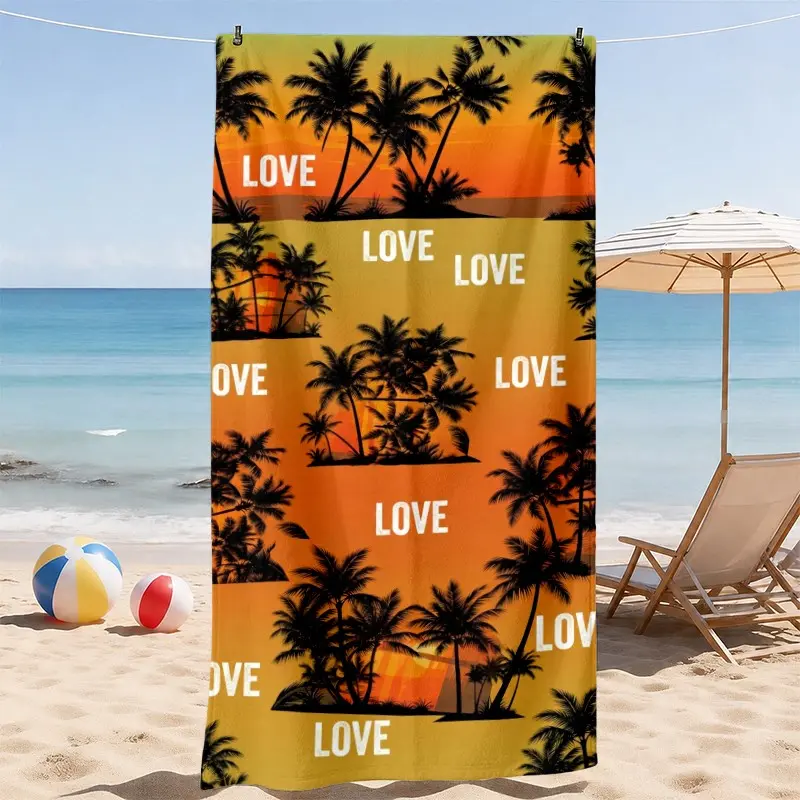 Love Palm Sunset Beach Towel, Tropical Palm Silhouette Print, Absorbent and Sand Resistant with Soft Lightweight Feel, for Beach, Pool, Vacation and Bathroom, Gift for Couples, Quick Dry Towel