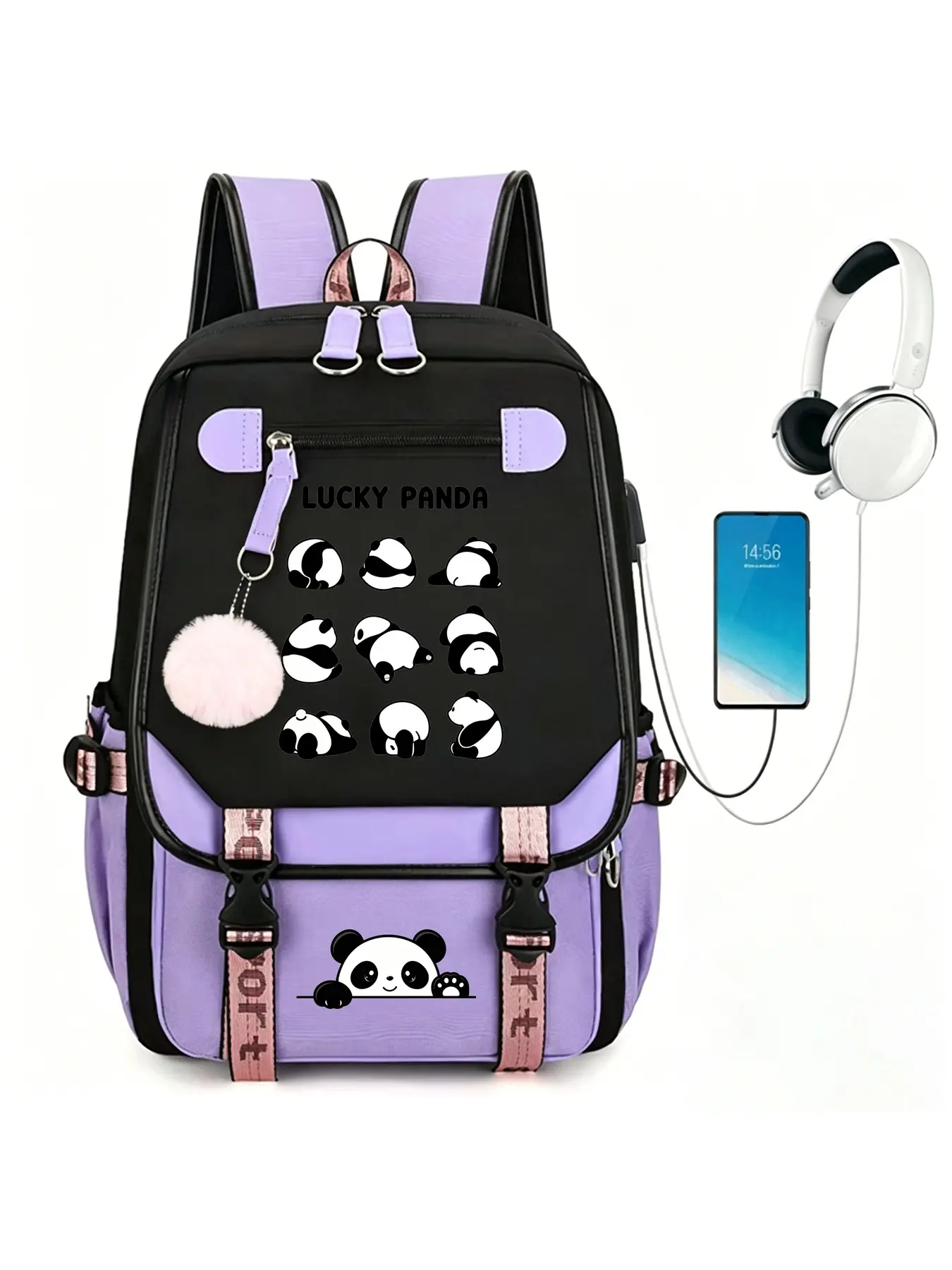 Kawaii Lucky Panda Backpack For Teen Girls Large Capacity Purple School Bookbag With USB Charging Port & Headphone Port Cute Pom Pom Pendant Backpack For Back To School Travel