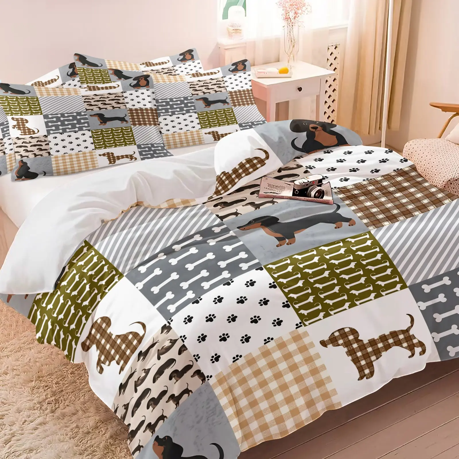 Dachshund Patchwork Decorative Theme Bedding Set, 1 Duvet Cover + 1/2 Pillowcases, No Filling, HD All Season Print, Soft Breathable Bedding, Plaid Bone Paw Sausage Dog Pattern for Dachshund Lover Bedroom Decor, Easy to Clean