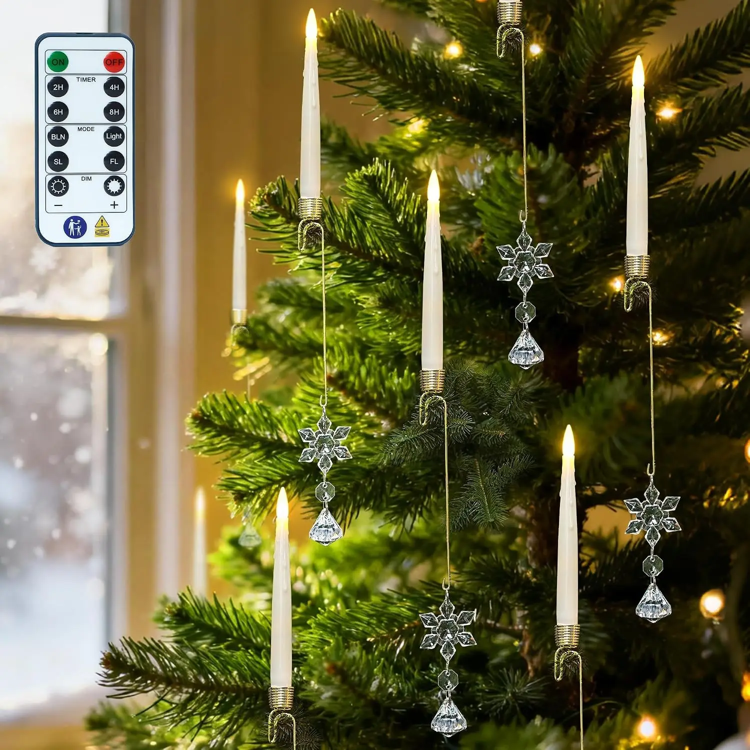 12PCS Flameless Christmas Tree LED Candles with Remote, Battery Operated Flickering Taper Candles Christmas Tree Lights with Snowflake Hook, Ivory for Home Parties Birthday Holiday Decoration Gift