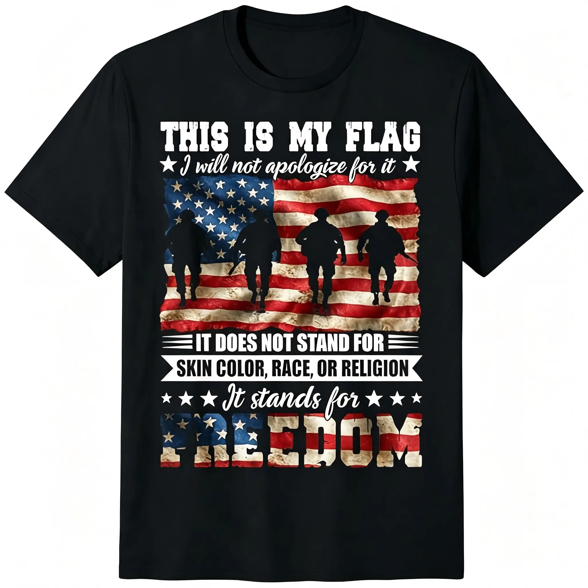 "This Is My Flag I Will Not Apologize For It" Patriotic T-Shirt for Men Women – American Flag Soldier Silhouette Graphic Tee, Soft Breathable Cotton Crew Neck Short Sleeve, USA Veteran Daily Top, Memorial Gift, Machine Washable