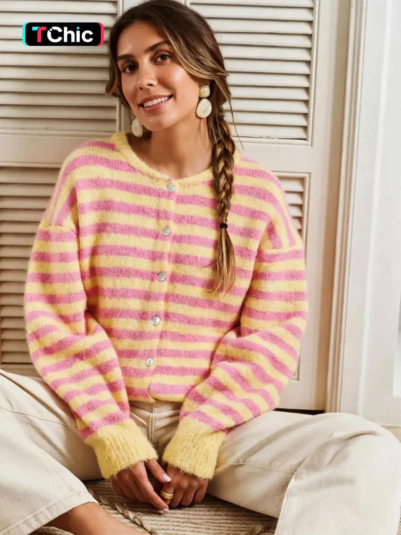 Women's Fashion Button Long Sleeve Cardigan, Casual Striped Knit Top, Fall & Winter Essential, Versatile Daily Wear, Stylish Outerwear for Women