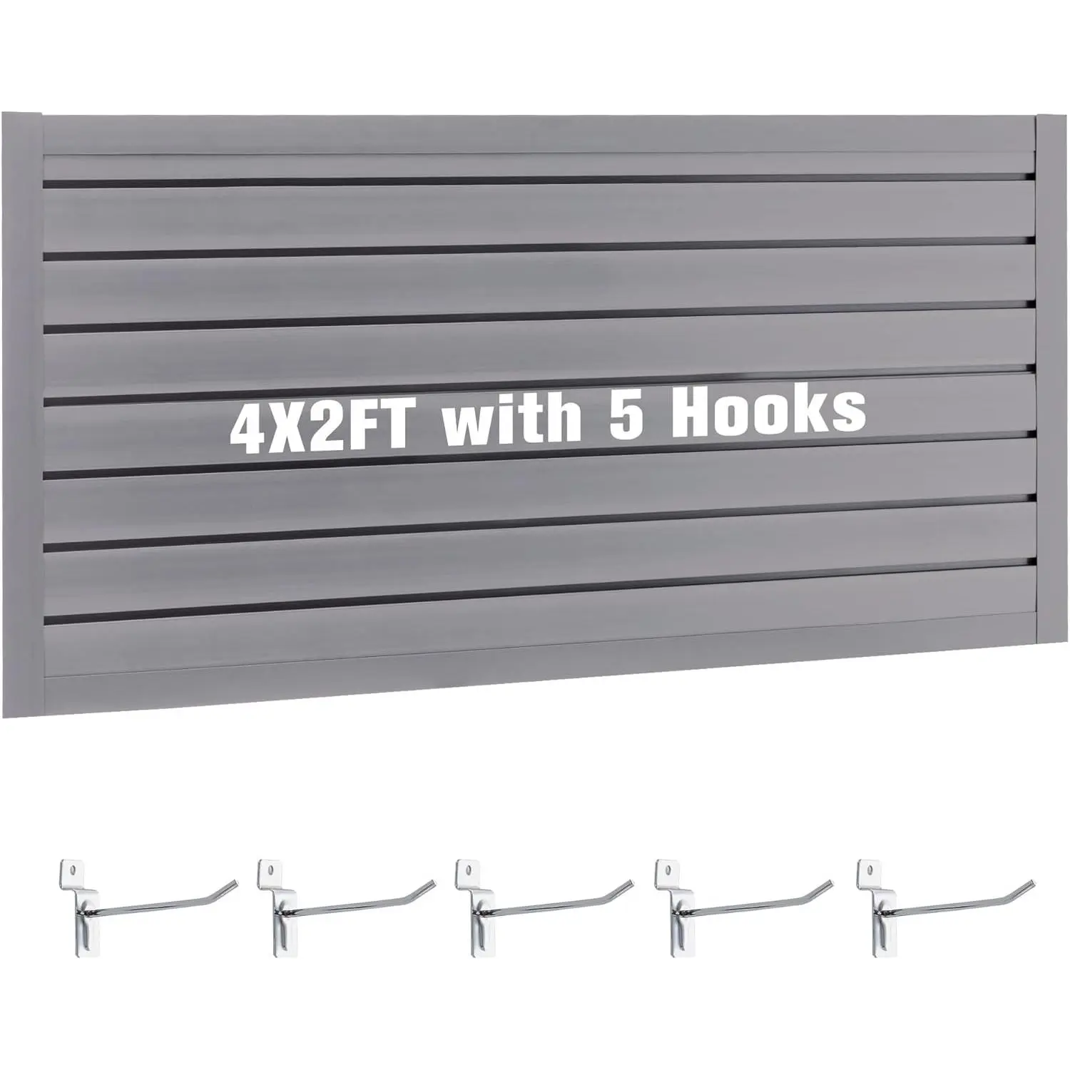 Garage Wall Organizer Storage Systems Wall Mounted PVC Storage Rack with 5 Hooks Interlocking Workshop Slat Wall Paneling Sheets Board Shelves Tools Organization Grey(2’H x 4’W)
