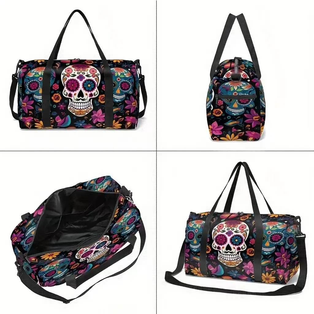 Unisex Polyester Sugar Skull Print Large-Capacity Ultra-Light Duffle Bag, Portable Travel-Gym Carryall, Spacious Weekender Bag for Overnight Stays