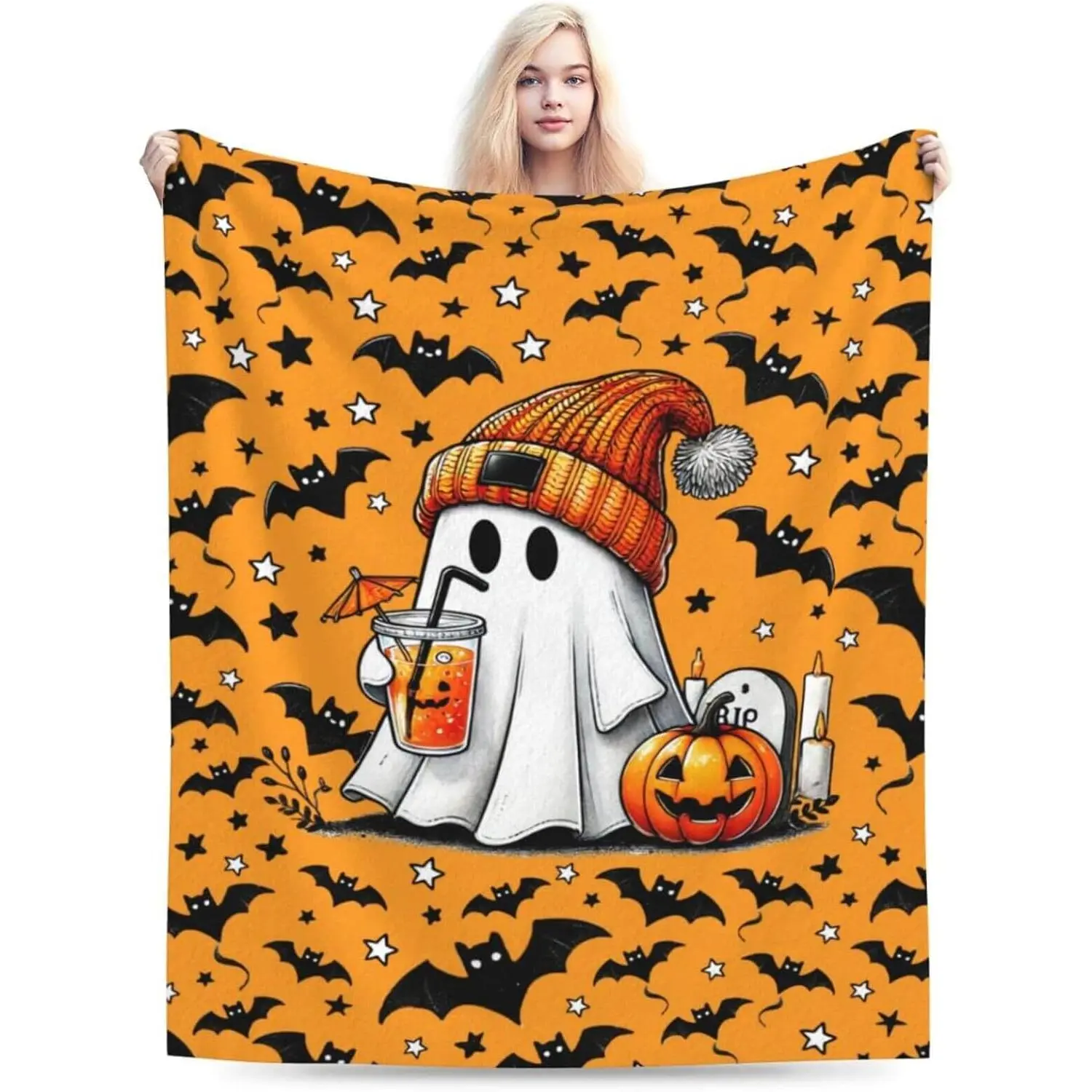 Orange Fall Halloween Fleece Throw Blanket,Cute Ghost With Knit Pom Pom Hat Holding Iced Pumpkin Drink All Over Bat Star Print Soft Cozy Fluffy Blanket, Gift For Spooky Season Teen Girls Decor