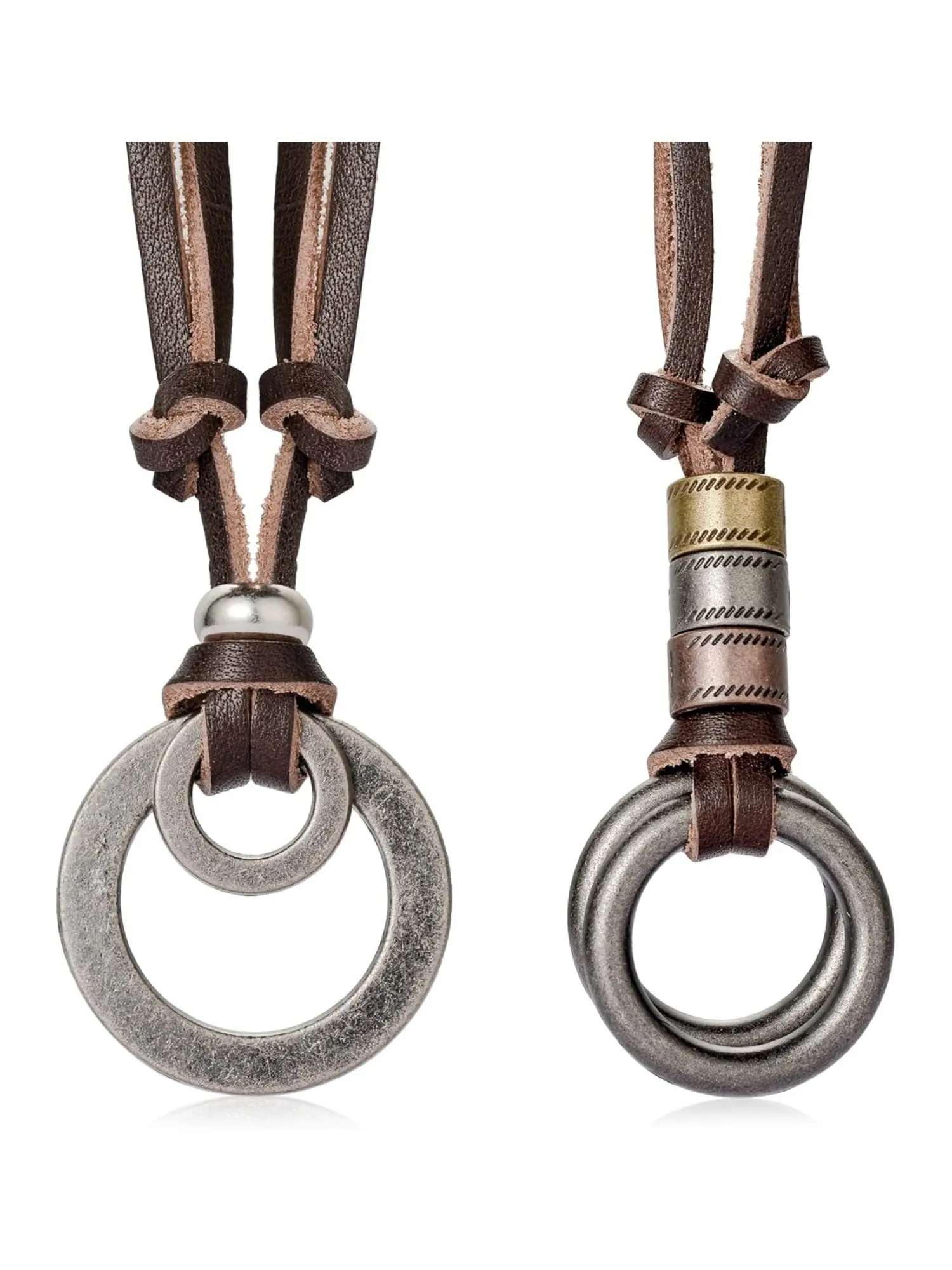 2 Pcs Brown Vintage Leather Alloy Necklaces Set for Men Women Retro Ring Pendant Necklaces with Brown Braided Leather Cord Adjustable Length Boho Style Necklace Bohemian Punk Style Perfect Casual Jewelry for Everyday Wear Special Occasions