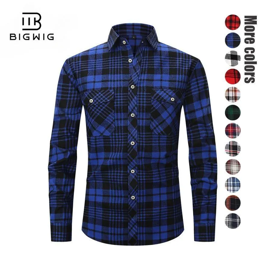 BIGWIG Men's Classic Plaid Flannel Shirt, Breathable Long-Sleeve Slim-Fit Casual Button-Down with 2 Chest Pockets, Fabric, Menswear, Thick, Garment, Stylish, Checked, Plaid Shirt, Simple, Father's Day, Crew Neck