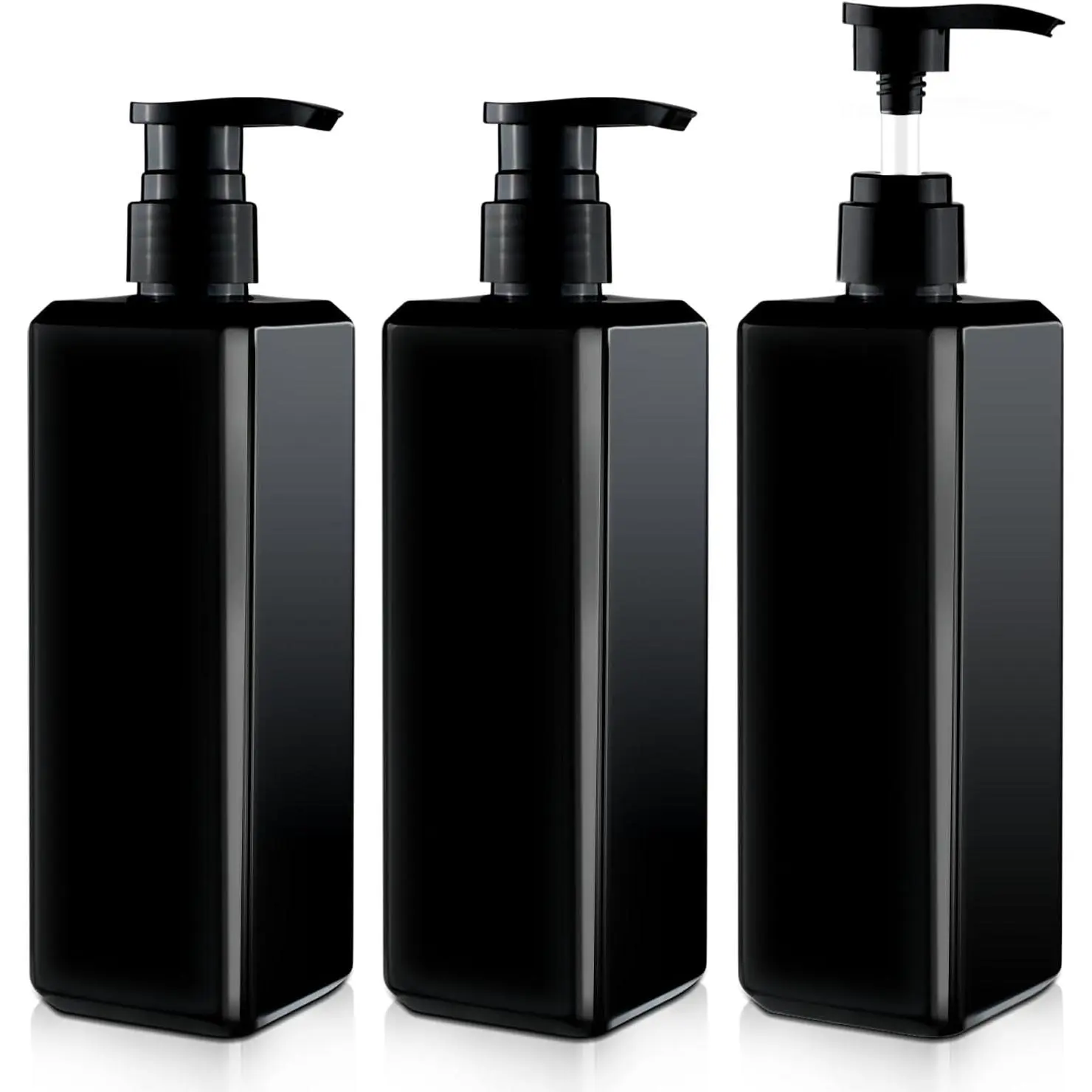 3 Pack 500ml/16.9oz Pump Press Bottles Square Plastic Shower Shampoo Bottles Empty Refillable Pump Dispenser for Lotion Soap  Wash Gel Liquid - Black