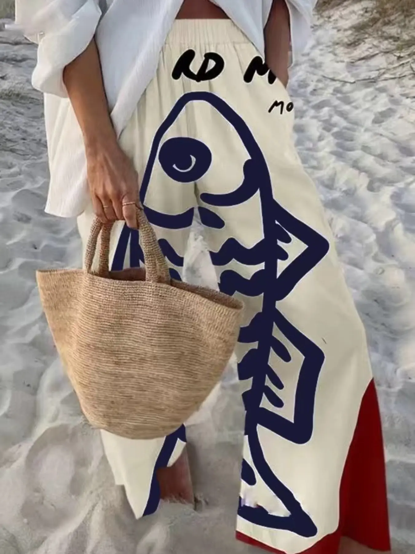 Women's Beach Vacation Fun Ocean Animal Fish Print Casual Loose Baggy Wide Leg Pants, Bottoms, Elastic, Pocket Design, Soft Breathable Fabric, Suitable for All Seasons