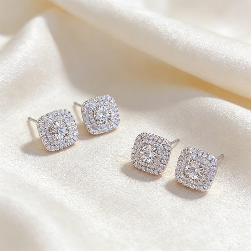 Elegant micro-inlaid white zirconia stud earrings, suitable for women, vintage style, ultra-bright fully inlaid square earrings