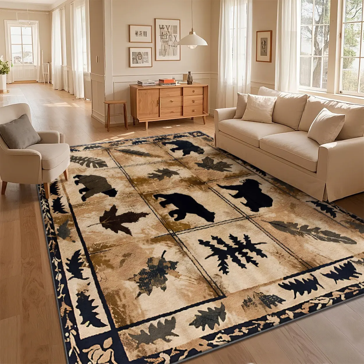Local Delivery Multi Sizes Polyester Forest Bear Wildlife Vintage Print Style For Living Room Bedroom Nursery Playroom Washable Non Slip Boho Farmhouse Runner Rug