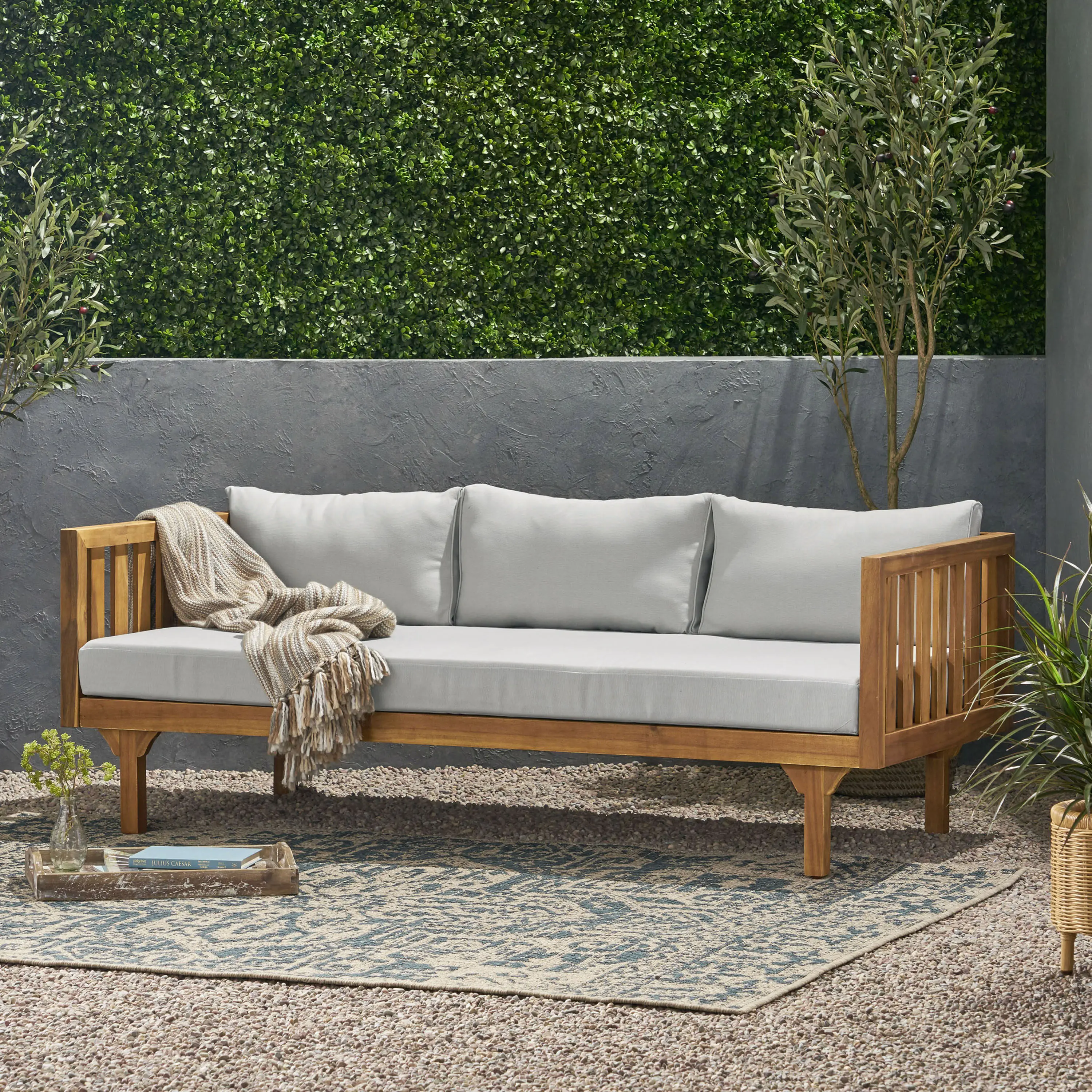 ARCH Claremont 3-Seat Solid Wood Daybed - Acacia Wood, Teak Finish, Water-Resistant Cushions, Slat Panel Backrest, 67.75x32.25x24in, Outdoor Patio Lounger, Single Box, Teak Color Options, for Garden, Poolside, 67.75X32.25"