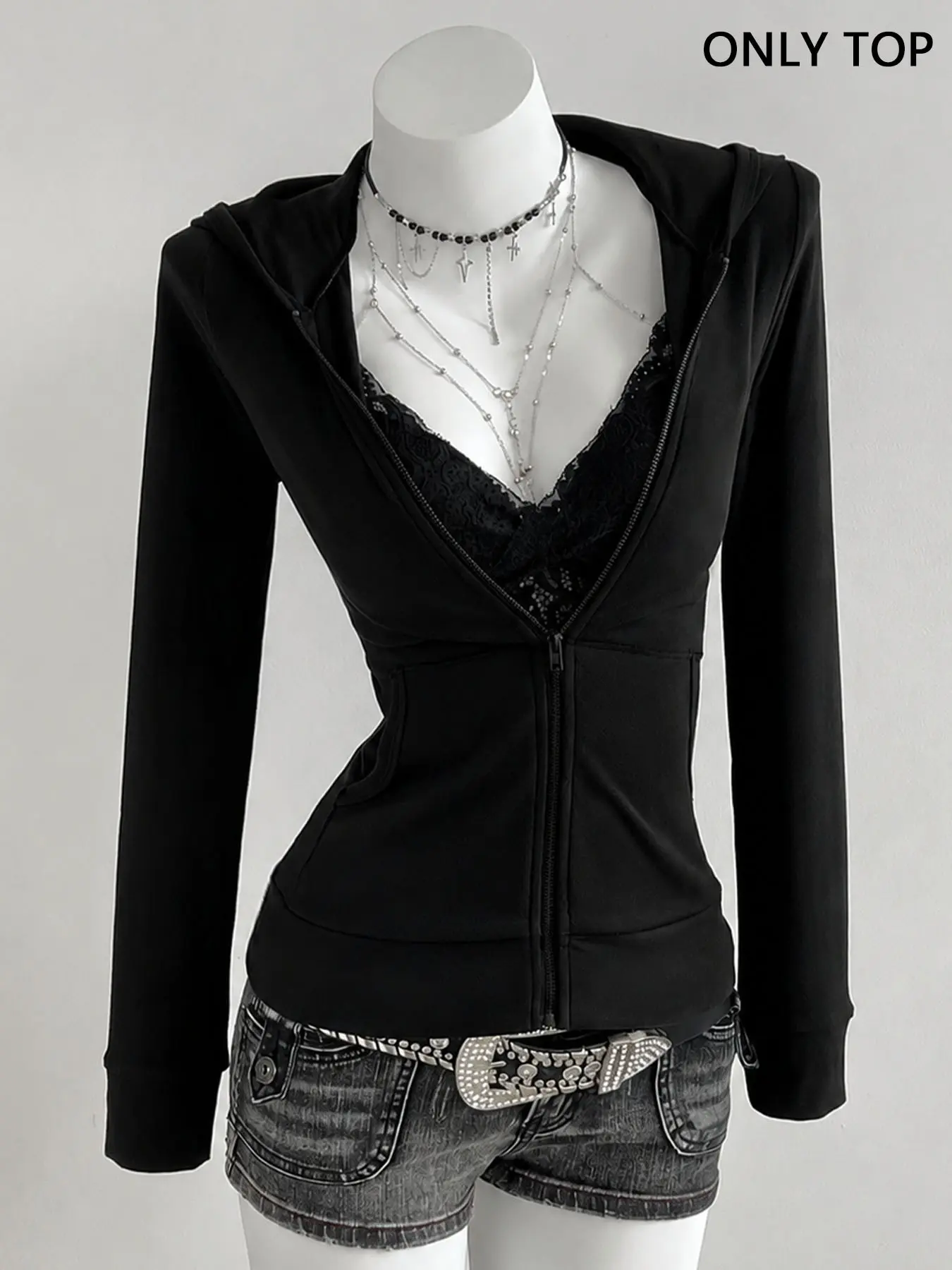 Women's Zip Up Hoodie, Long Sleeve Slim Fit Hooded Jacket With Pockets, Y2K Goth Casual Outerwear For Daily Street Outfits