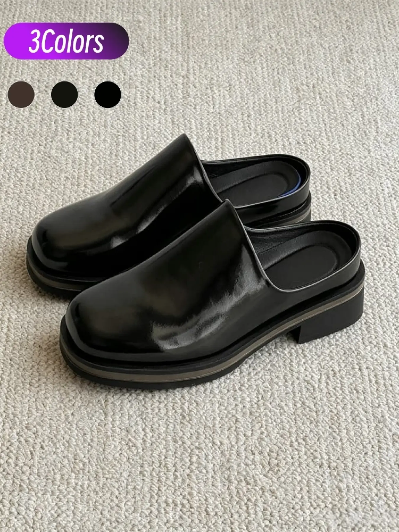 1 Pair Men Gloss Square Toe Backless Mule Slides Walking Shoes Footwear, Minimal Commute Layered Low Platform, Soft Breathable Lining, Match Suits For Work And Daily Casual Looks