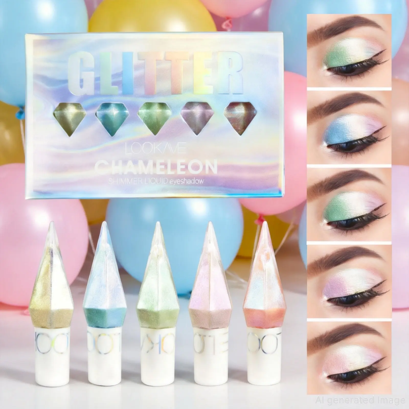 LOOKAVE Chameleon Liquid Glitter Eyeshadow Set, 5Pcs Iridescent Multichrome Shimmer Eye Liquid, Long Lasting Sparkling Metallic Eye Makeup for Party Festival