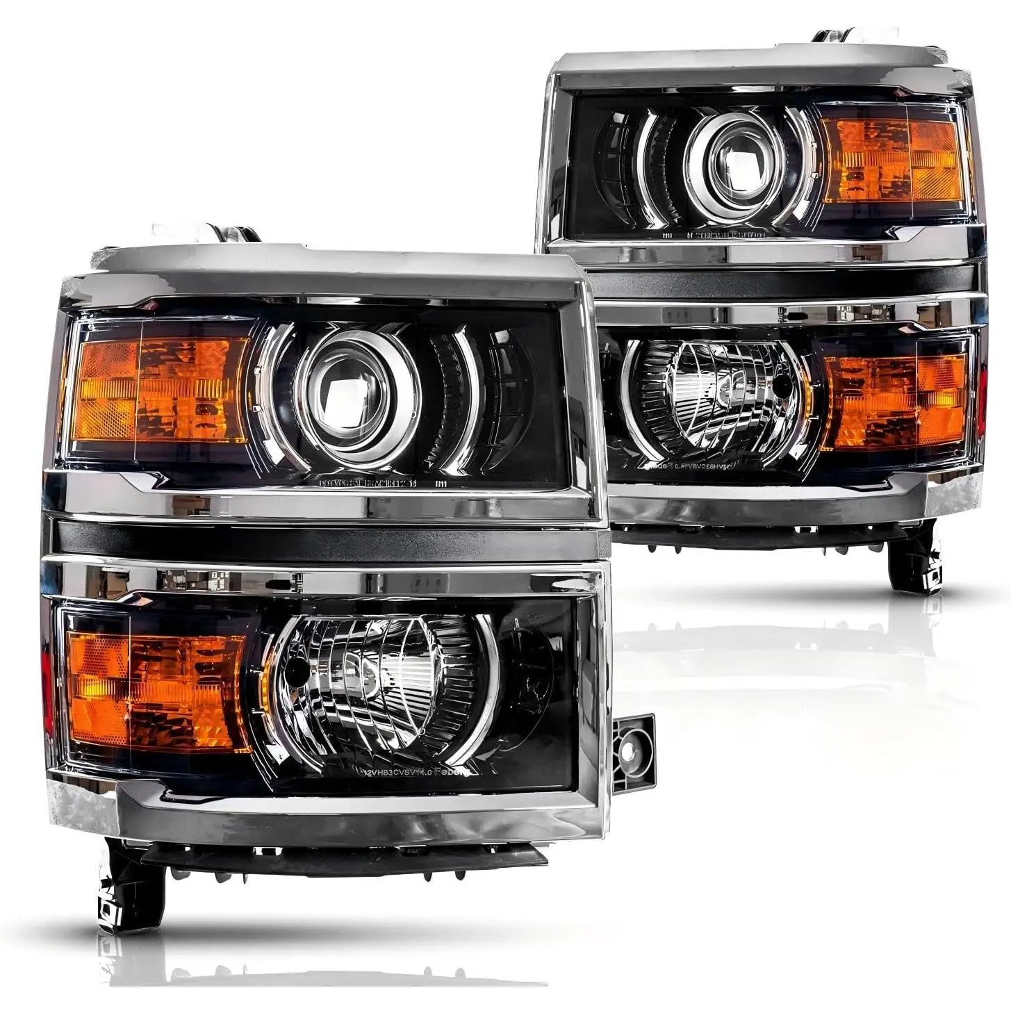 LED Projector Headlight Assembly Replacement Front Light, Waterproof Chromed Look OE Headlamp for 2014-2015 Chevy Silverado 1500 LTZ/High Country (LTZ High Cty), Amber Reflector Chrome Housing, Driver Passg.
