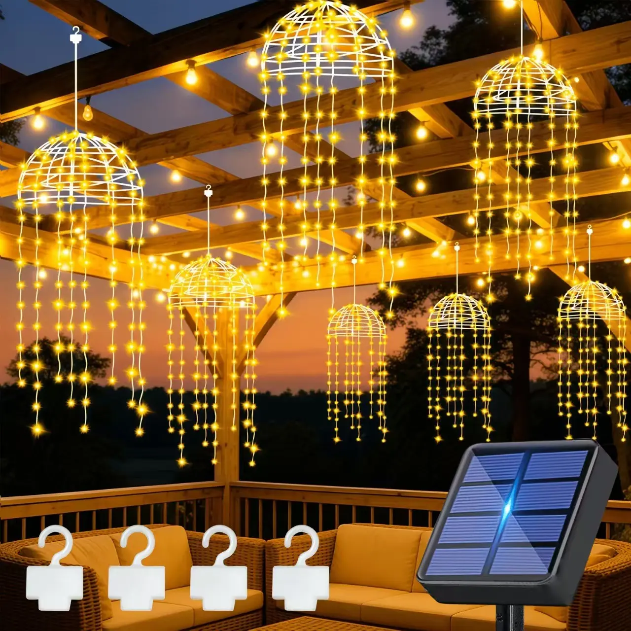 Solar Iron Wicker Ball Hanging Lamp, Outdoor 2 or 4 Head Jellyfish LED Garden Light, Two Color Solar String Lights, solar powered lights, Festival Atmosphere