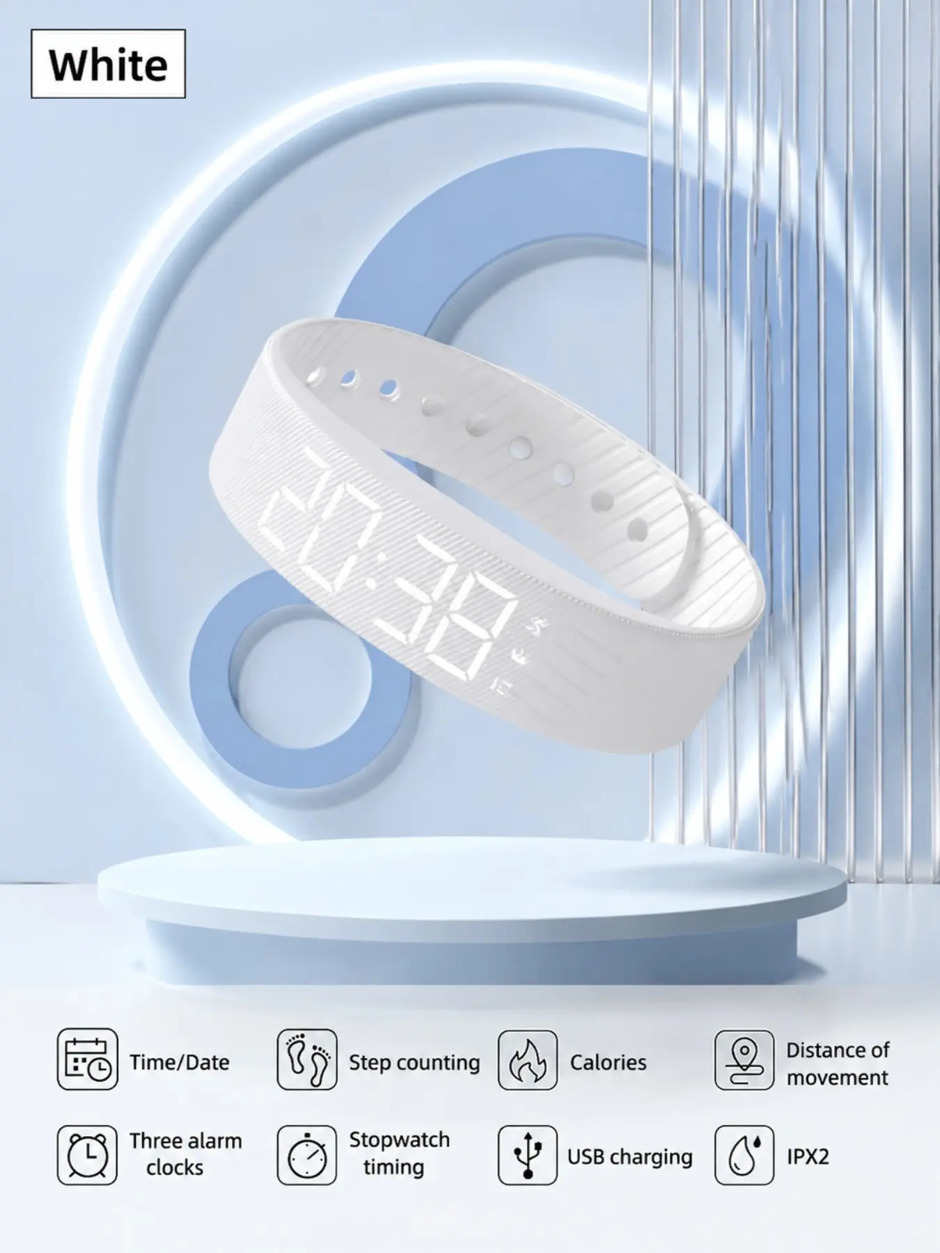 IPX2 water-resistant sports watch, unisex, 24-hour digital display, features step counting, distance tracking, and calorie monitoring, USB rechargeable, silent vibration alarm, stopwatch and timer—a fitness watch