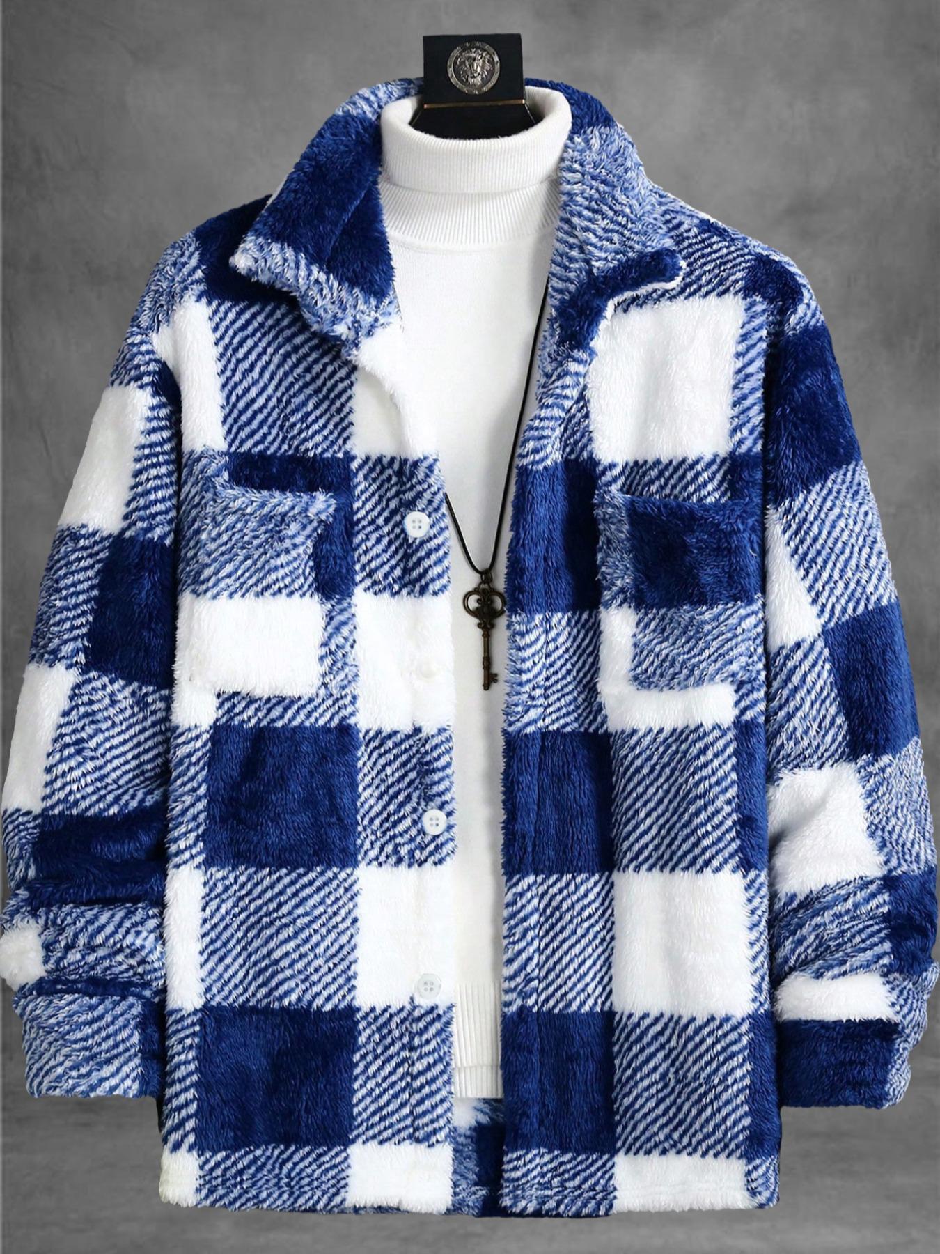Men's Plaid Print Button Front Fuzzy Lounge Jacket, Casual Long Sleeve Collared Outerwear for Fall & Winter, Men's Sleepwear for Daily Wear, Casual Style Outerwear, Casual Fitted Jacket, Casual Jacket Coat, Casual Fashion Jacket