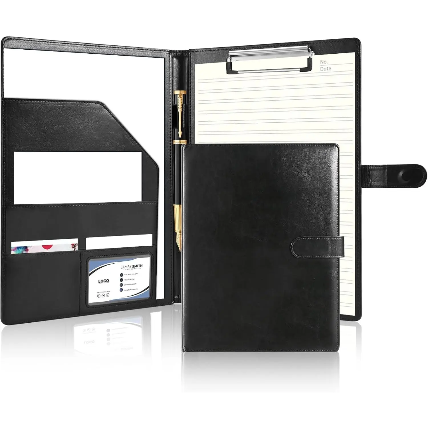Professional Portfolio Binder with Clipboard, Faux Leather Padfolio Organizer for Resume, Interview Business Conference, Legal Pad Holder for A4 Letter Size Notepad with Multi-Pocket Storage (Black)