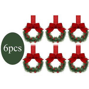 6-Pack Christmas Mini Window Wreaths with Ribbon Bows & Red Berries - Small Cabinet Hangers, Farmhouse Style Kitchen Door Decor for Christmas Party Arrangements