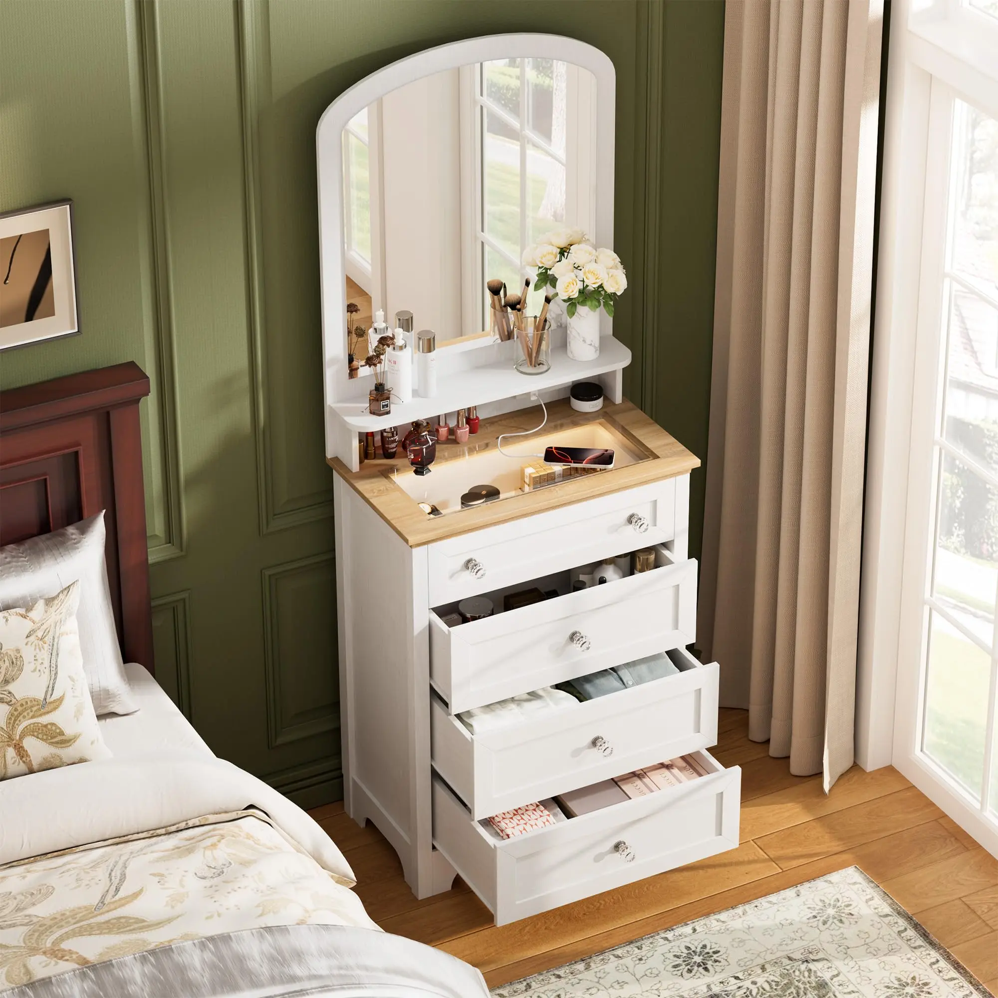 4 Drawer Dresser with Mirror - Charge Station and LED Strip, Space Save White 4 Drawer Makeup Vanity Cabinet for Bedroom, Living Room, Entryway, White