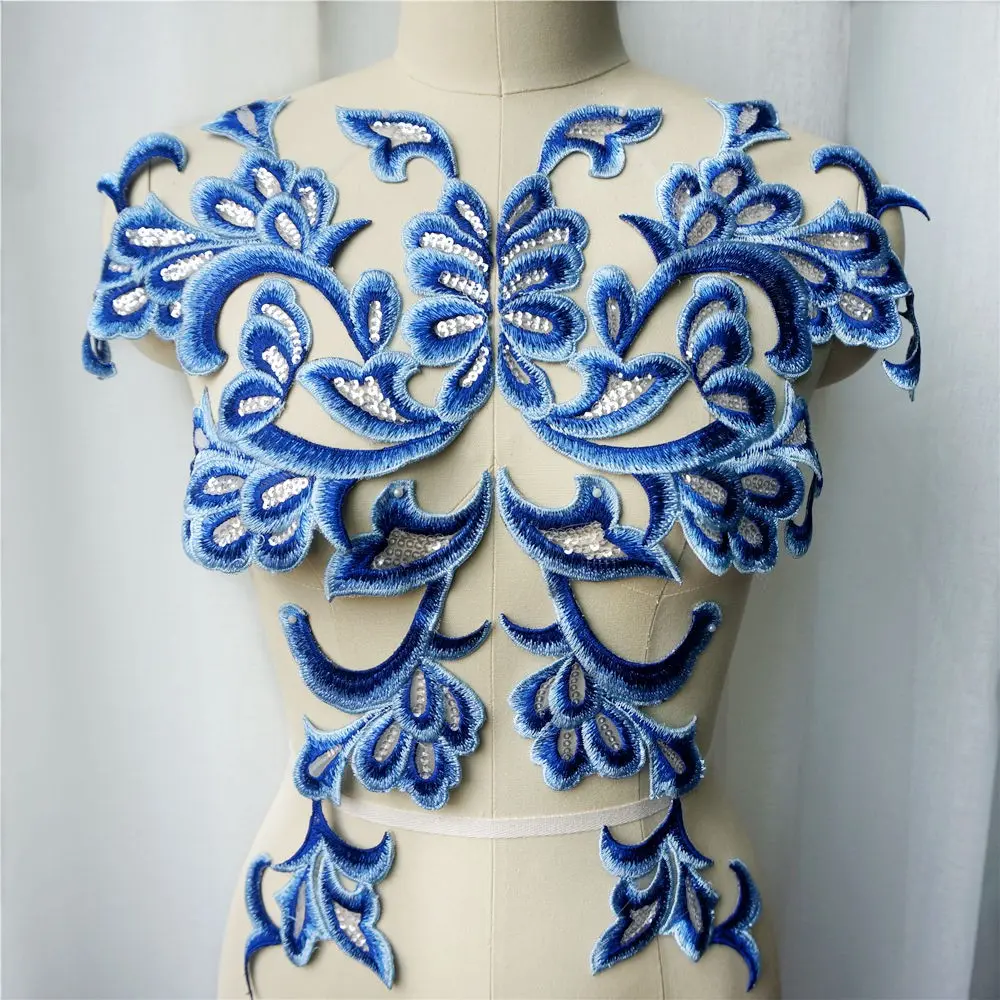 1 Set 4PCS Blue Sparkling Embroidered Appliques Sequin Lace Fabric Baroque Gown Collar Sew On Embroidery Patch Patches For Wedding Decoration Dress DIY