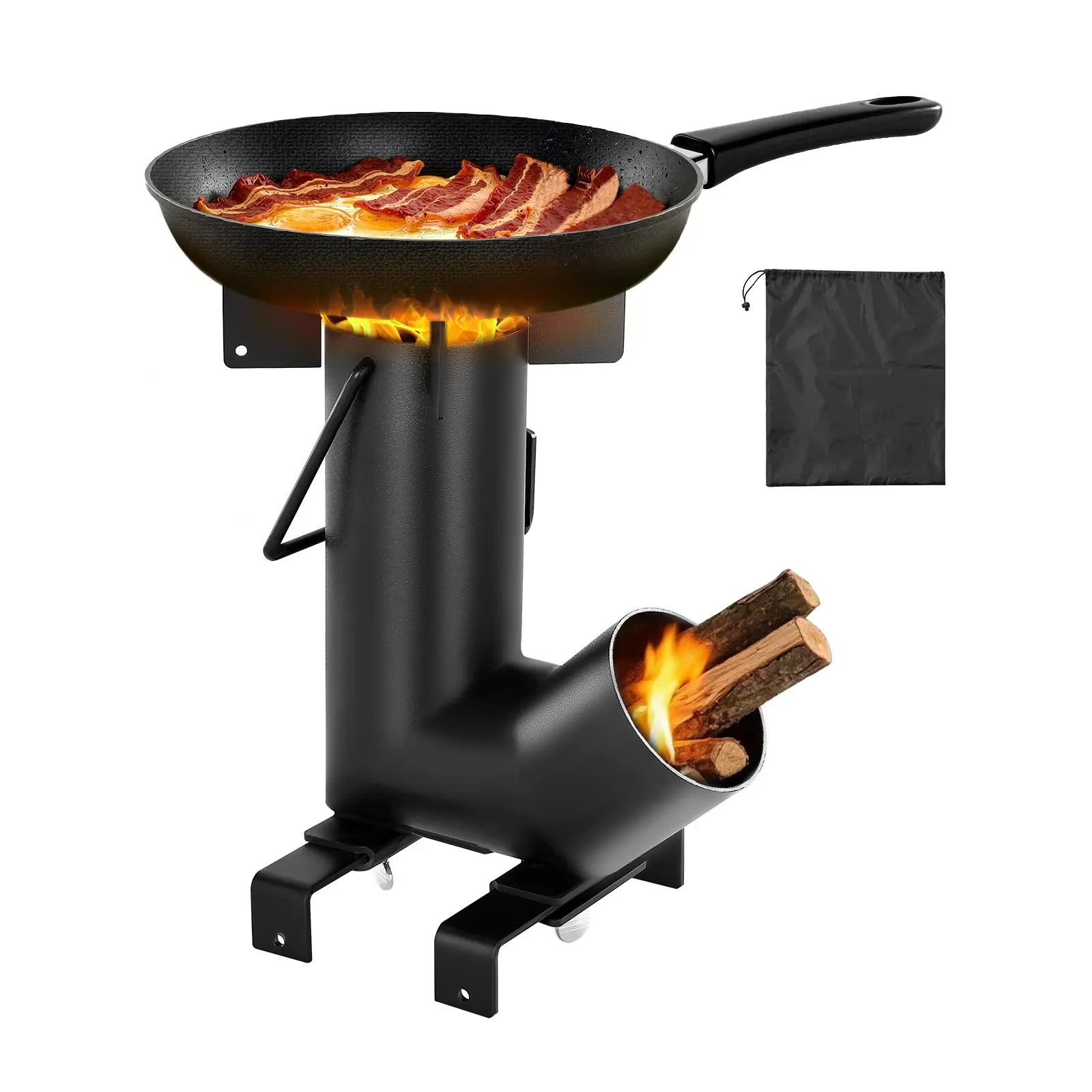 VEVOR Metal Rocket Stove - Wood-Burning Portable Rocket-Shape Stove with Airflow Design, Side Handles, Carrying Bag, Carbon Steel for Backpacking, Outdoor Cooking, Heating, Black