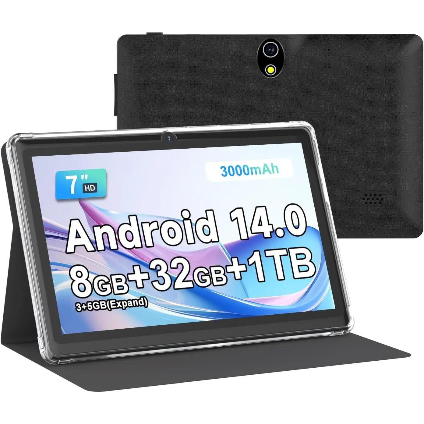 7 Inch Android 14 Tablet, 8GB RAM(3+5GB Expand) + 32GB ROM, HD Touchscreen, Dual 2MP Cameras, 3000mAh Battery, Tablet with Case for Adults (Black)