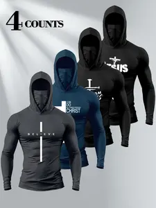 4-piece Cross Faith text-printed hooded tight-fitting long-sleeved set, high elasticity quick-drying outdoor motorcycle fitness shaping suit, four-piece set