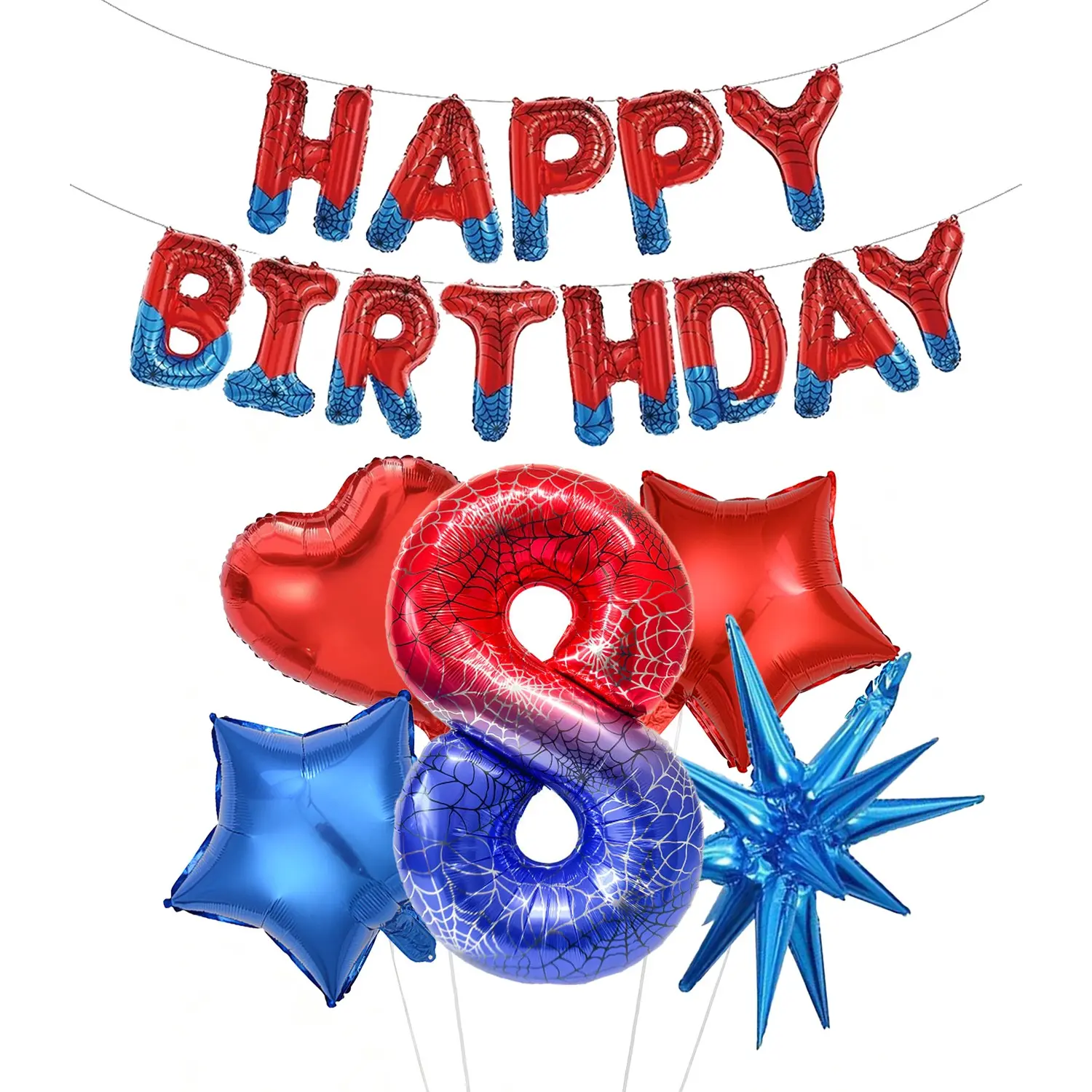 Spider-Man Theme Birthday Party Decorations, Blue Gradient Spider Number Balloon, Happy Birthday Banner, Heart Star Explosion Stars