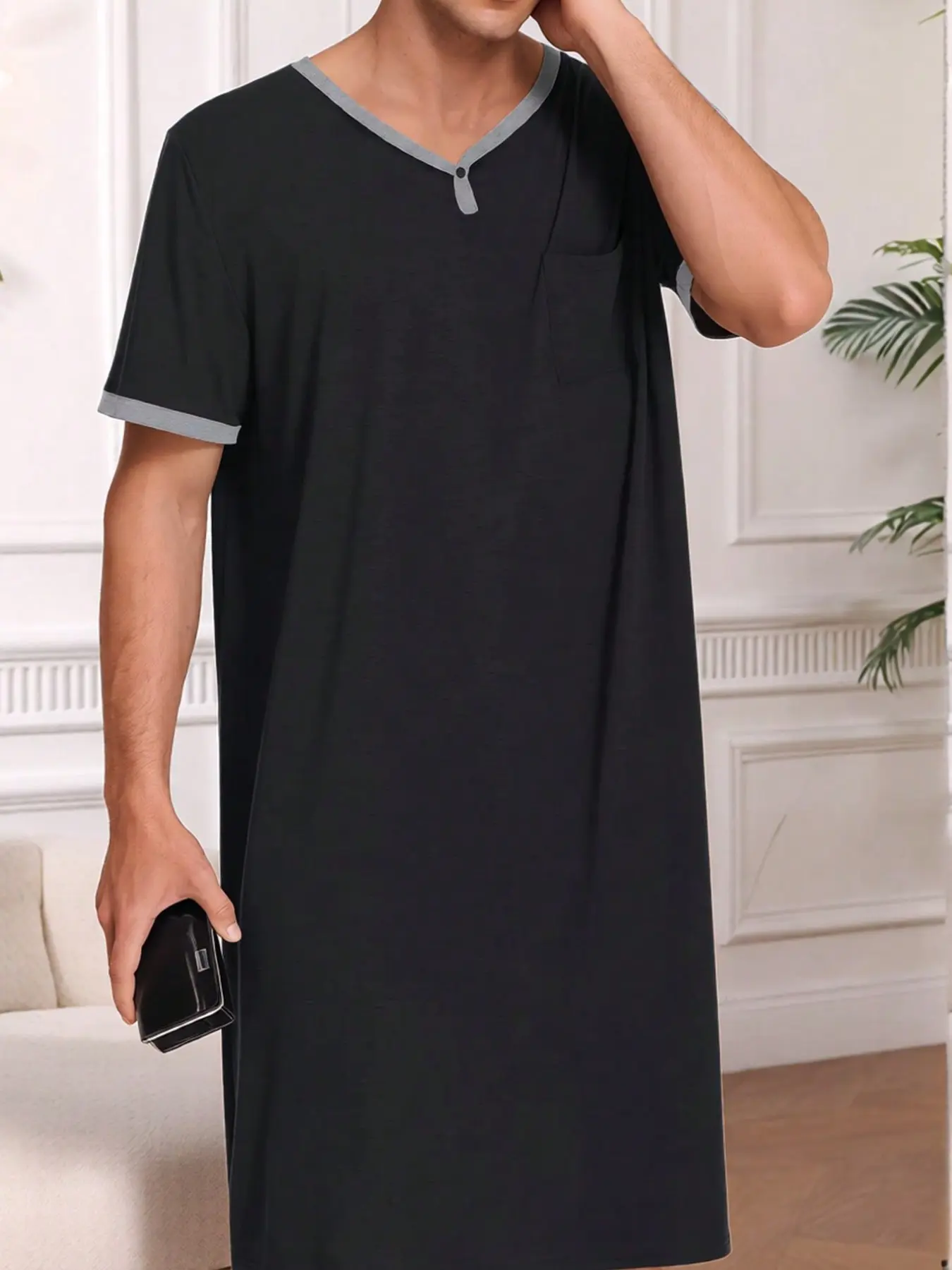 Men's Long Sleepwear Dress, Simple Colorblock Hem Short Sleeve V-Neck, Loose Fit Oversized Casual Lounge Wear for Bedroom, Comfortable Nightshirt, Loungewear