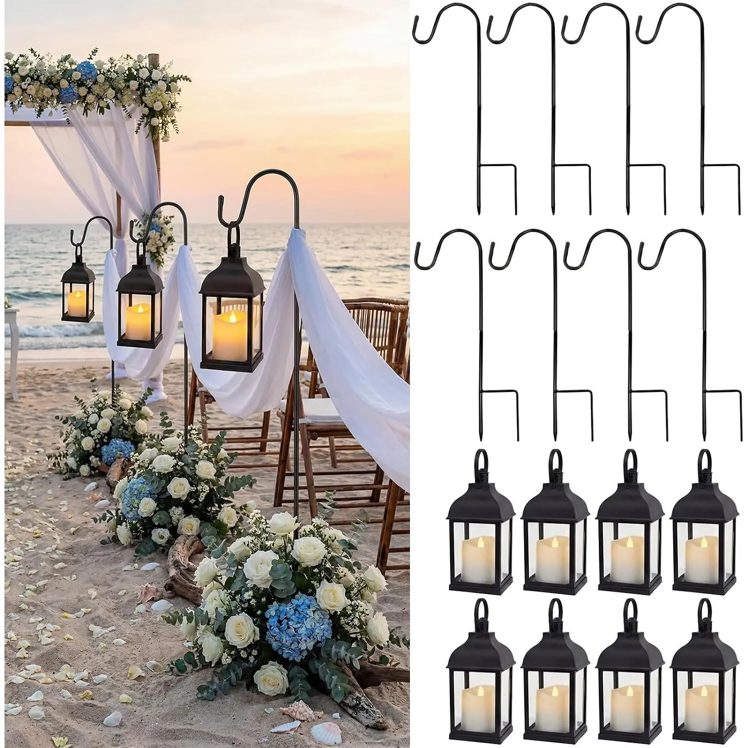 8 Pack Black Wedding Lanterns with Flameless LED Candles and 8 Pack 32" Shepherd Hooks Beach Wedding Aisle Decor  Lantern for Outdoor Garden Ceremony Party Decoration