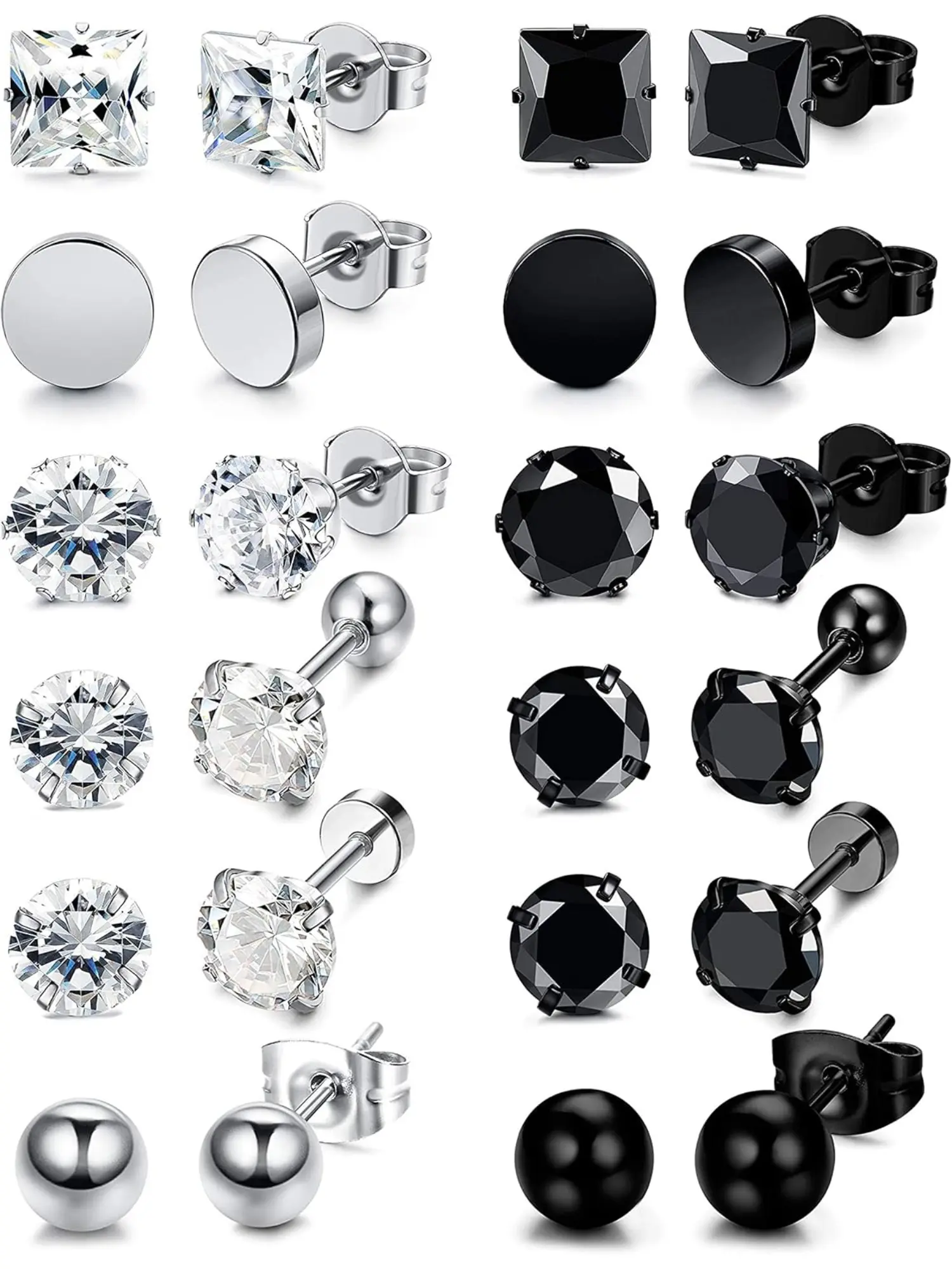 12 Pairs 5mm Hypoallergenic Stud Earrings for Men Women Cubic Zirconia Stud Earrings Set Stainless Steel Earrings Sparkling Ear Jewelry Black Round Unisex Jewelry