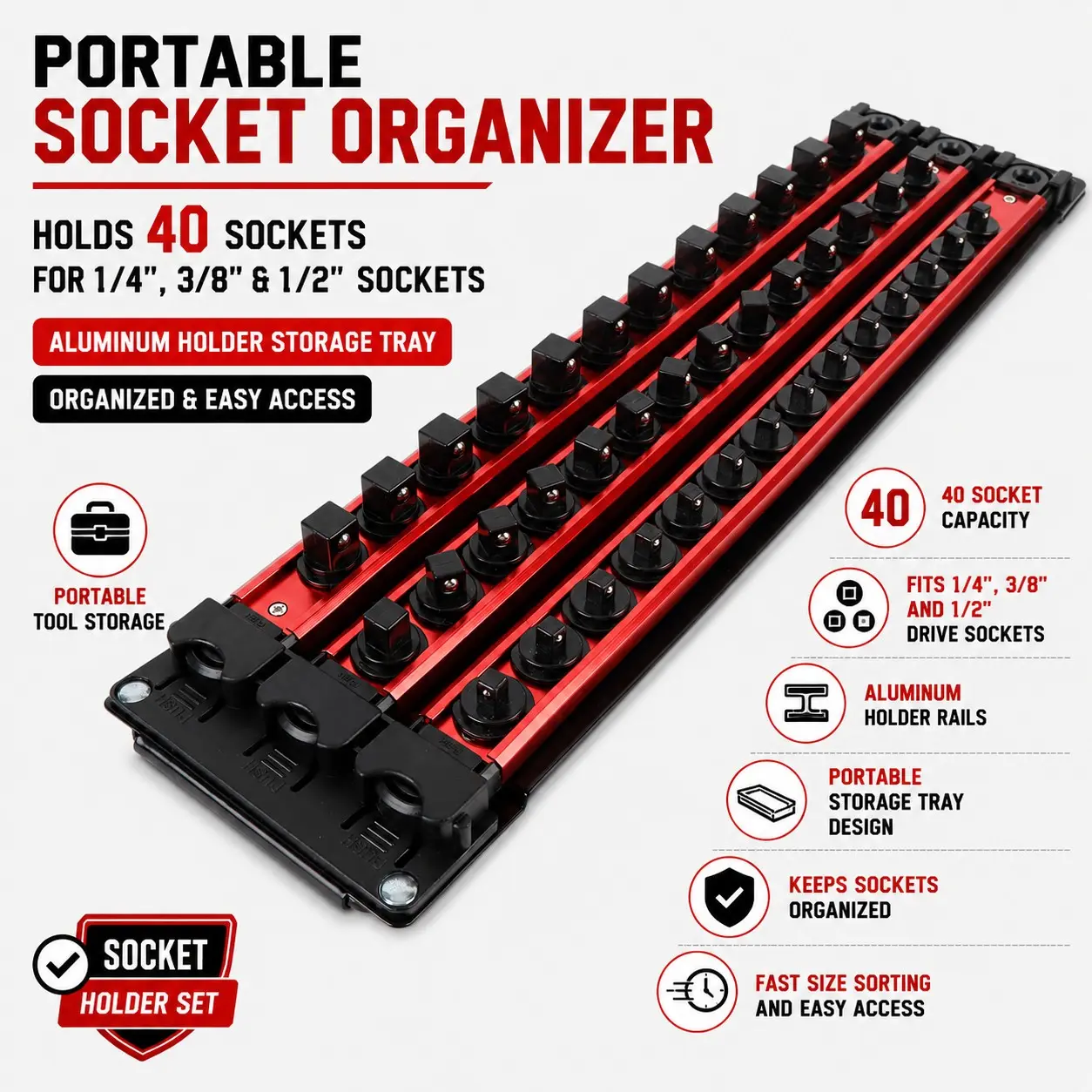 Aluminum Socket Tray Set, Heavy Duty 40-Piece Full Specification, 1/2+3/8+1/4 Three-In-One, Portable Car Organizer, Tool Box Drawer Storage, Tool Organizers