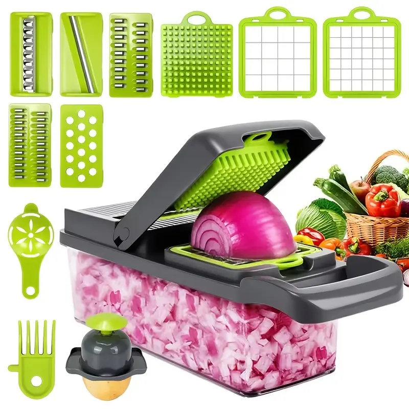 14 in 1 Manual Durable Vegetable Slicer with Container Multi Function Food Chopper Cutter for Onion Carrot Cucumber Safe Food Grade Transparent System Home Kitchen Ramadan Celebration Essential