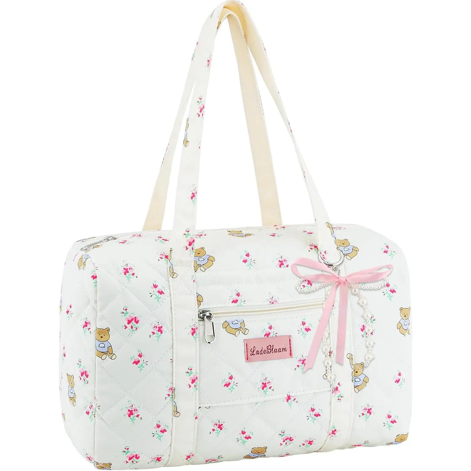 Bag with Ribbon  Bow - Cute   Travel Bag,Quilted Duffle Bag with Bears for Women Girls, Tote Storage Bags, Aesthetic,Cartoon  Bags for Travel Trip Work