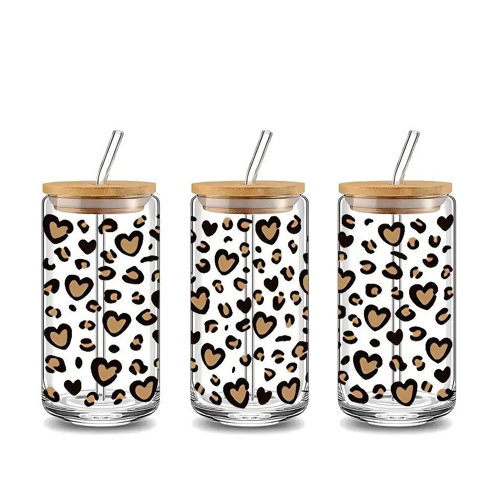 Trendy Heart Leopard Print Glass Tumbler with Lid & Straw, Clear 16oz covered straw glass drinking cup, reusable glass drinking cup, high-quality glass jar design, suitable for iced coffee, beer, juice, milk, cold drink glass cups, fashionable glassware