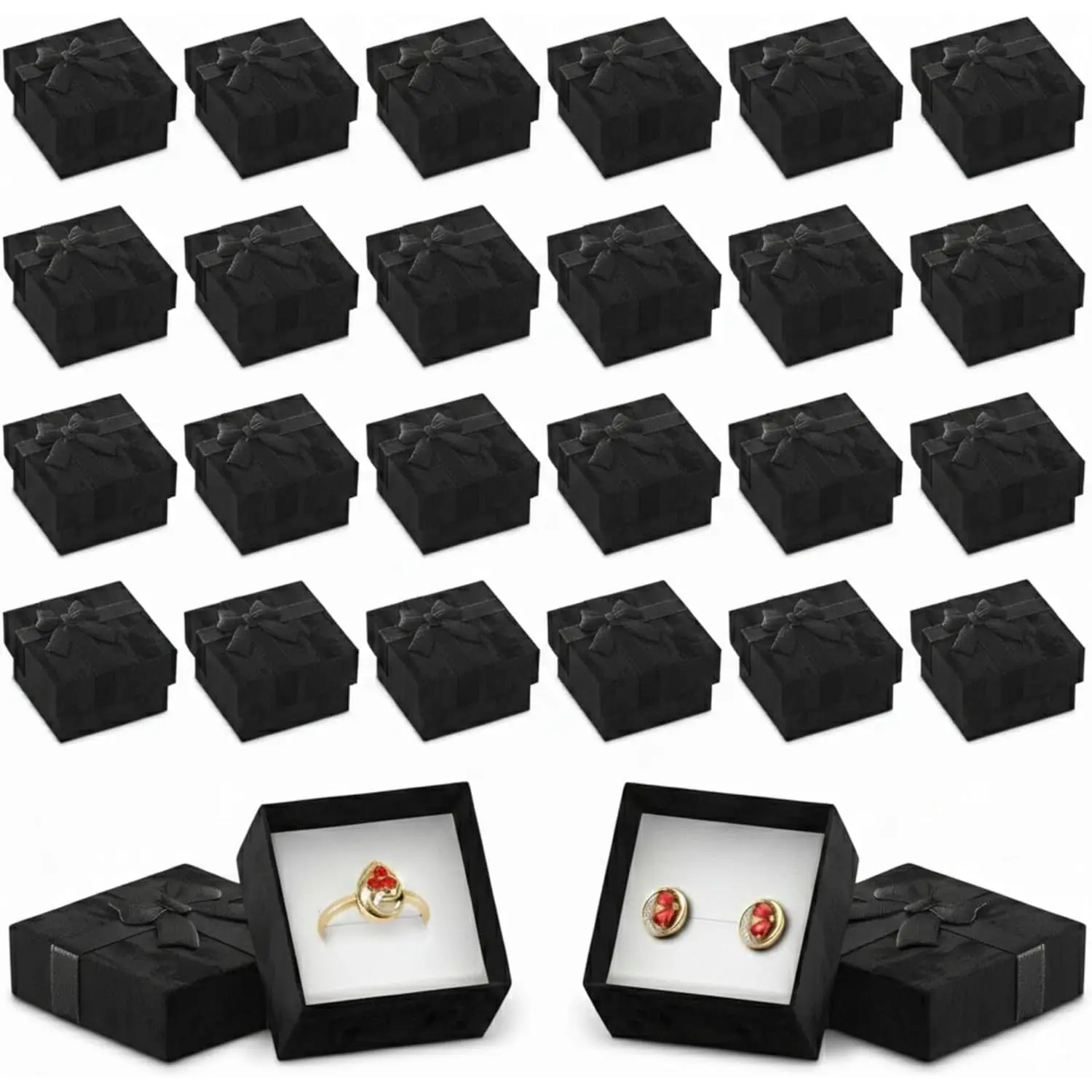 Set of 24 Black Ring Boxes Bulk for  - Ring and Earring Boxes with , Small Ring Box with Ribbon Knot and Soft  Inside - Elegant Cardboard  Boxes for Romantic Wedding Presentation