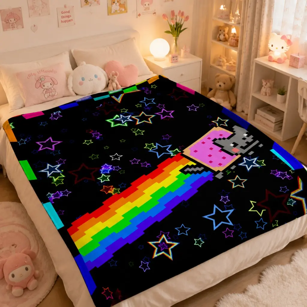 Rainbow Star Nyan Cat Pixel Flannel Blanket, Ultra Soft Plush Throw, Retro Gaming Decor for Cat Lovers Birthday & Xmas Gift