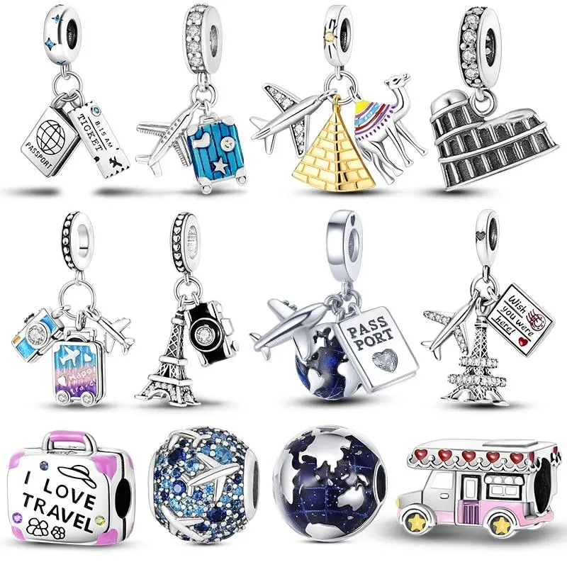 Women's 925 Silver Travel Series Charms - Plane Motif, World Theme Paris Pendants, Beads Set for Bracelet Jewelry Making, Travel Gifts