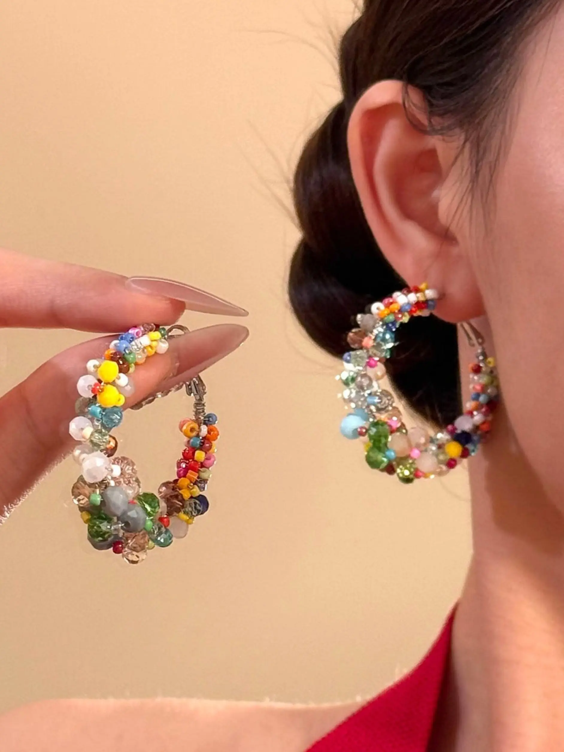 Vintage Bohemian Style Colorful Beaded Large Earrings, Hoop Jewelry, Perfect for Women's Vacation Accessories, Trendy and Stylish Jewelry