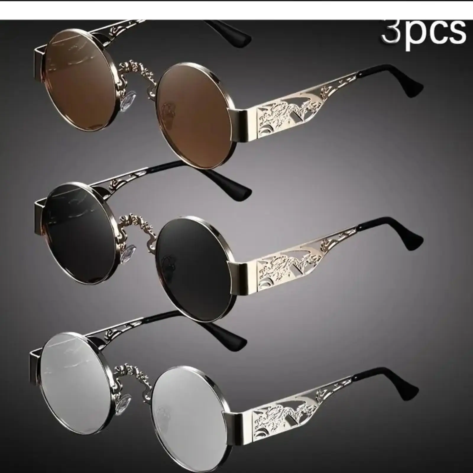 Vintage Double Dragons Sunglasses, 3-Pair Unisex Set with Metal Hollow Frames, Lightweight Eyewear for Casual Daily Streetwear