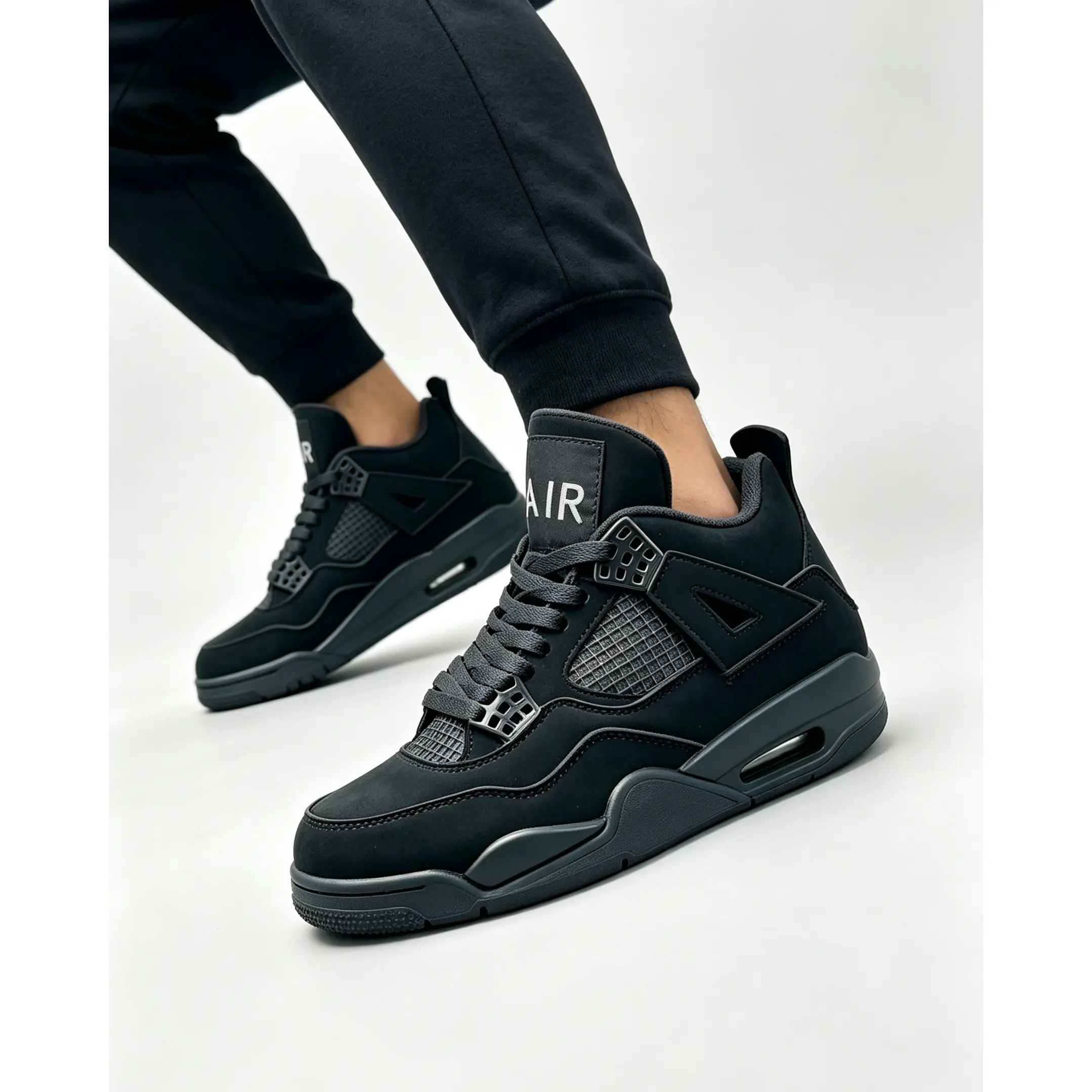 Black Mid Top Basketball Sneakers For Men Women, Classic Air Cushion Streetwear Shoes, Non Slip Trendy Casual Walking Trainers, Fashion Dark Grey Suede Panel Sport Daily Outfit