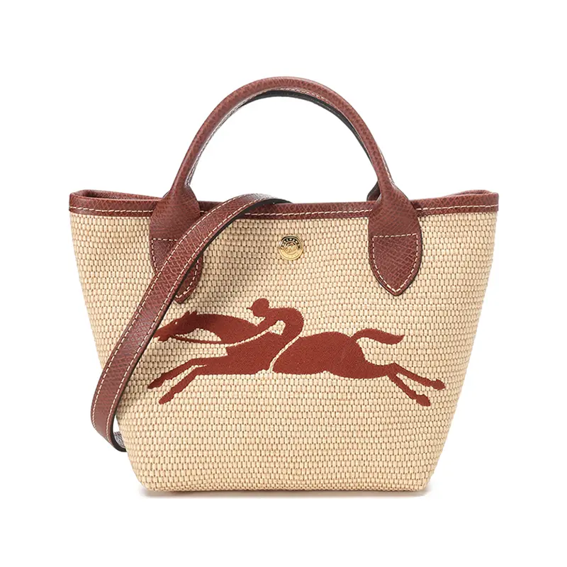 Longchamp Le Pliage Paris Mini Crossbody Handbag for Women – Embroidered Logo, Woven Linen and Leather, Khaki and Brown